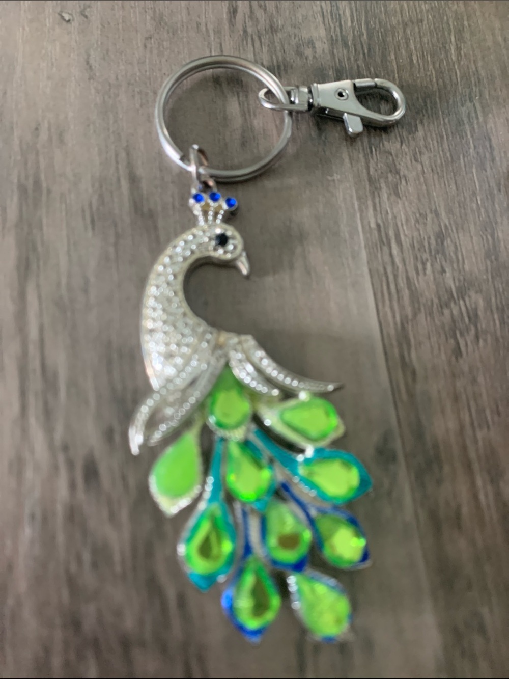 Iridescent Peacock Keychain with Green and Blue Tail ,Glowing